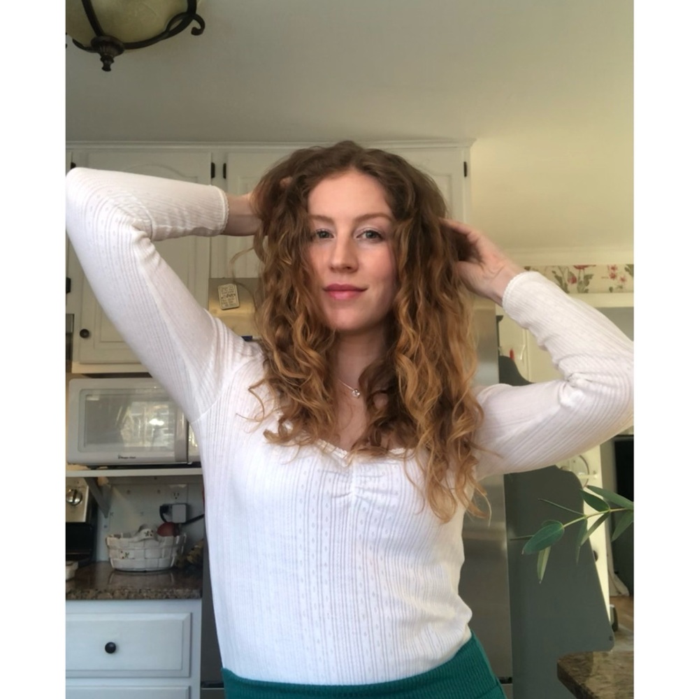 Sezane White Pointelle T-French 34/XS, 3/4 Sleeve-Light Stains, I will bleach - Picture 4 of 11